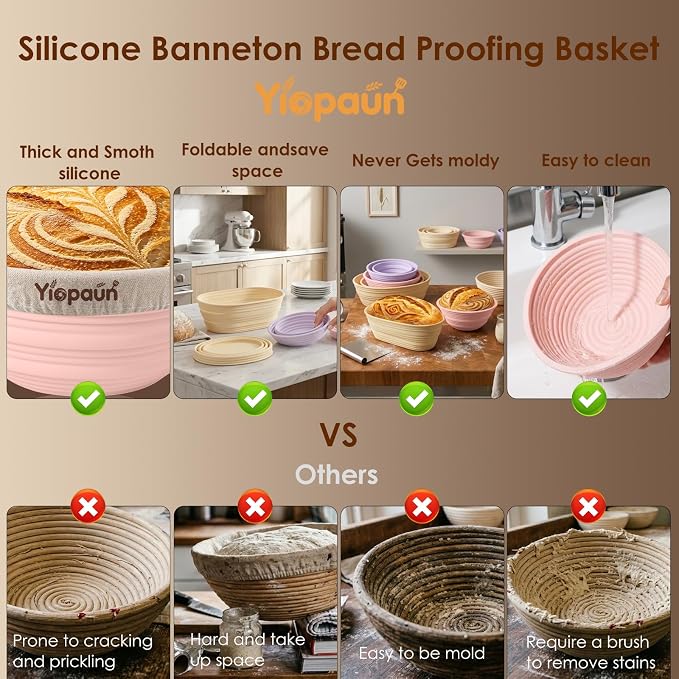 Silicone Banneton Bread Proofing Baskets, Sourdough Starter Kit Baking Supplies - 5'' and 9" Round, 10" Oval Foldable Non-Stick Dough Proofing Bowl Containers Sets Gifts