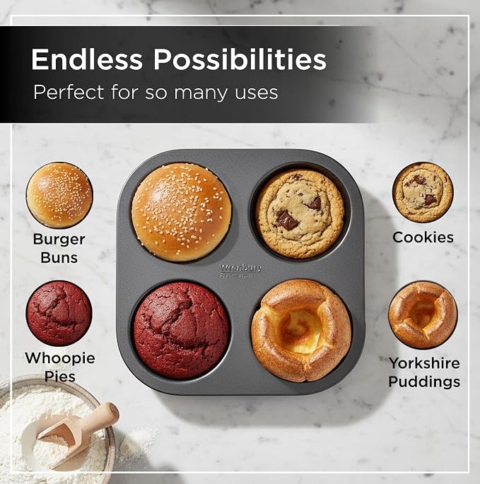 Wrenbury Nonstick Whoopie Pie Pan 4 Cup Set of 2 - Jumbo Carbon Steel Shallow Baking Tray for Muffin Top Macarons Cookies Yorkshire Puddings Cornbread & Burger Buns
