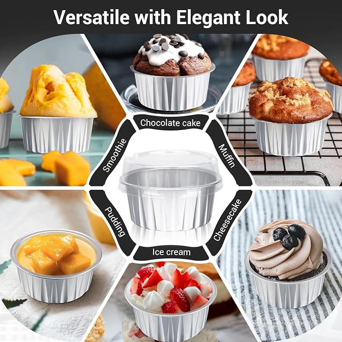 EUSOAR Foil Ramekins with Lids, 5oz 100pcs Silver Aluminum Cupcake Liners Oven Safe, Disposable Muffin Baking Cups Creme Brulee Pudding Holders Cases Boxes Pans for Wedding Birthday
