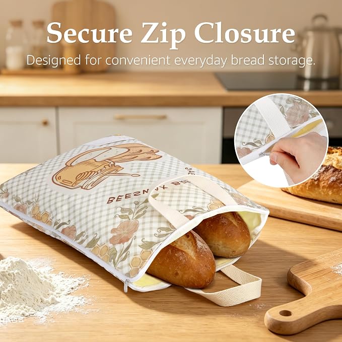 2 Pack Beeswax Bread Bags for Sourdough, 17x13 Inch Reusable Cotton Bread Storage Bags with Zipper and Handle Natural Beeswax Lining Freezer Friendly with 10 Food Labels Included (Floral Honeycomb)