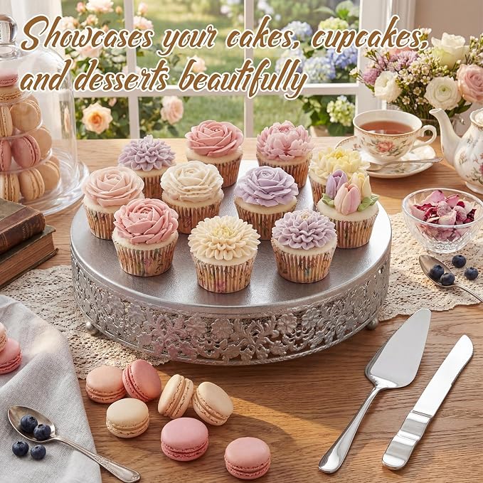 Wenqik 12 Inch Silver Cake Stand Set Metal Round Cupcake Dessert Stand with Cake Cutting, Flower Spatula Wedding Cupcake Pastry Display Candy Holder Display for Wedding Party Birthday Baby Shower