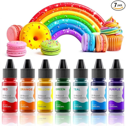 Oil Based Food Coloring for Chocolate Rainbow Oil Edible Food Dye Set for Halloween Baking Royal Icing Cookie Supplies Gluten Free 7x6ml Food Grade Food Color Kit, 0.25 Fl. Oz/Bottles