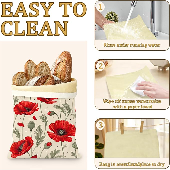 2 Pack Beeswax Red Poppy Bread Bags for Sourdough Homemade Breads, Reusable Beeswax Bread Floral Leaves Storage Bag, Keep Loaves Fresh Longer, Freezer Safe & Airtight, Zero Waste 17 x 13''