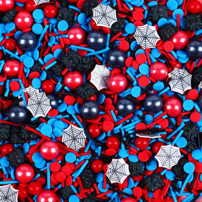 85g Edible Spider Sprinkles, Superhero Cake Decorating, Red and Blue Jimmies and Sugar Pearl for Themed Toppers, Birthday, Children's Party Supplies 3oz