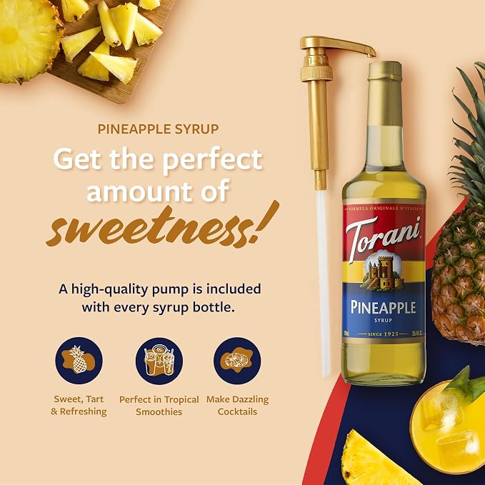 Torani Pineapple Syrup for Drinks, Flavoring for Iced Tea, Lemonade, Sodas, and Cocktails, Pump Included, 25.4 Fl Oz