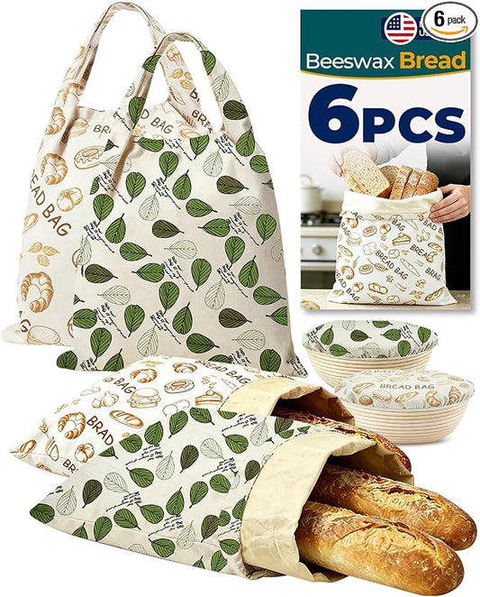 6 Pack Beeswax Sourdough Bread Bags for Homemade Bread, Reusable Organic Linen Beeswax Bag, Natural Bees Wax Storage for Freshness, Freezer-Friendly, 17 x 12.6 Inches