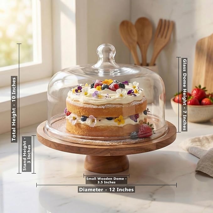 Cake Stand with Clear Dome Lid – 12 Inch Acacia Wood 2-in-1 Reversible Cake Stand & Charcuterie Board – Cake Keeper with Cover for Kitchen, Party & Home Decor