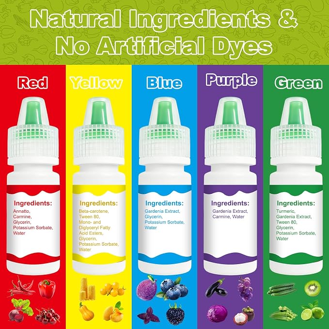 Natural Food Coloring Set – 5 Vibrant Colors (Red, Yellow, Blue, Green, Purple) 6mL Each Bottle, Plant-Based Food Dye for Baking, Cake Decorating, Fondant, Cookies & Holiday Treats
