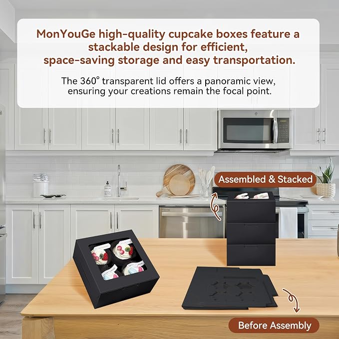 50-Set Cupcake Boxes Bulk with Clear Display Window Hold 4 Standard Cupcakes, Disposable Food Grade Black Cupcake Carrier Cupcake Container, Perfect for Cupcakes Muffins Cookies Pastries