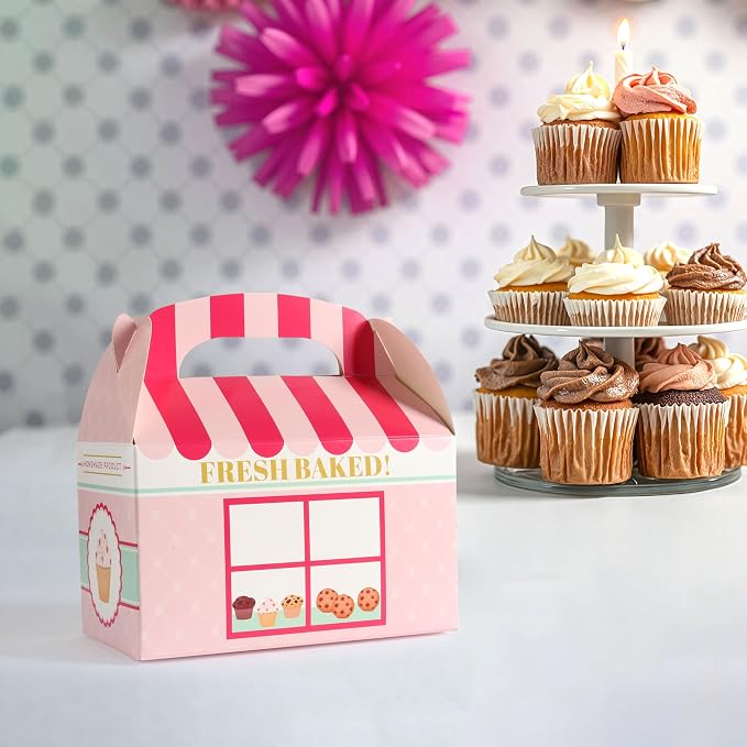24 Bakery Favor Boxes Pink Treat Boxes with Handle Dessert Candy Gift Party Favors Cupcake Cookie Birthday Baby Shower Supplies