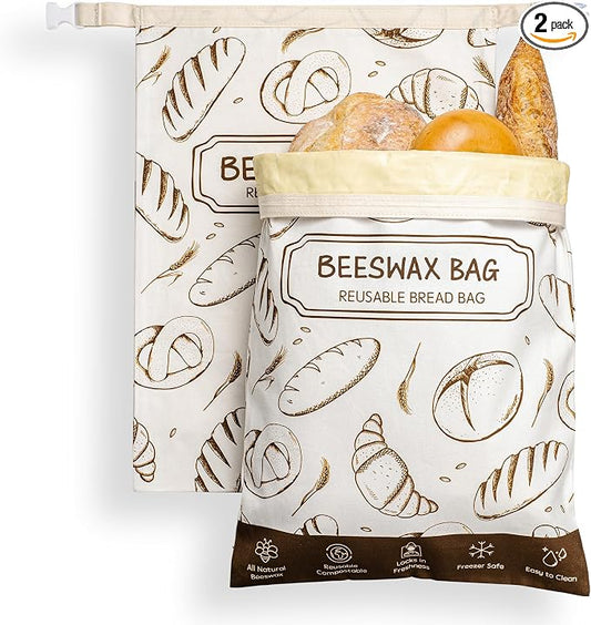 Beeswax Bread Bag, Reusable Bread Bags for Homemade Bread, 2 Pack Beeswax Bread Bags for Sourdough, Natural Cotton Sourdough Bread Bag, Large Capacity
