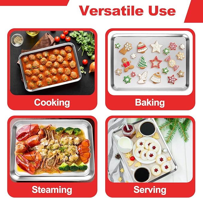 Cookie Sheets for Baking, Stainless Steel Baking Sheet Baking Pan Tray - 12.4 x 10 x 1 Inch, Non Toxic & Healthy, Mirror Finish & Easy Clean, Dishwasher Safe & Heavy Duty