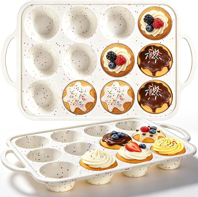 2 Pack Silicone Muffin Pans with Metal Reinforced Frame Regular 12 Cups Cupcake Pan with Handle Nonstick BPA Free Muffin Molds for Baking Muffins, Cupcakes, Egg Bites, Oven Dishwasher Safe