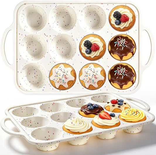 2 Pack Silicone Muffin Pans with Metal Reinforced Frame Regular 12 Cups Cupcake Pan with Handle Nonstick BPA Free Muffin Molds for Baking Muffins, Cupcakes, Egg Bites, Oven Dishwasher Safe