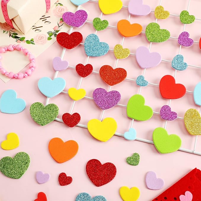 600Pcs Glitter Foam Heart Stickers Valentines Day Love Sticker | 3 Sizes, Self-Adhesive Heart Decal, Party Favors, Handmade Card DIY Crafts, Love-Themed Projects Decorations, Valentines Gift