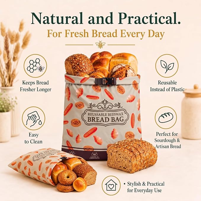 Beeswax Bread Bag 1 Pack, Reusable Linen Bread Bags for Homemade Bread, Extra Large Sourdough Bread Storage Bag, Natural Beeswax Lining Keeps Loaves Fresh Longer, Eco Friendly