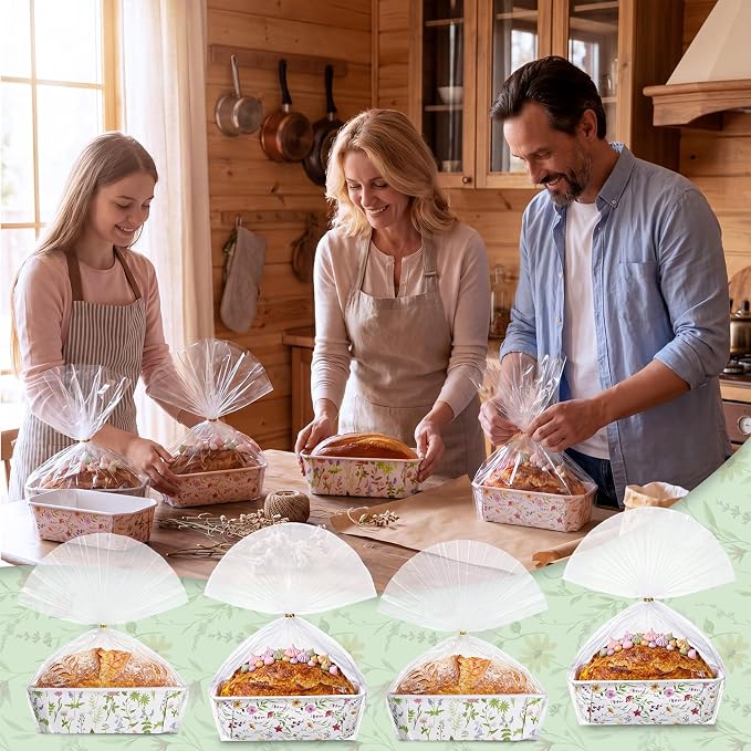 Hushee 50 Sets Wildflower Paper Loaf Pans with Bags & Ties, 6.3x2.2x2.2" Disposable Mini Bread Baking Molds, Colorful Floral Spring Cake Liners for Mother's Day Easter Garden Party Gifts