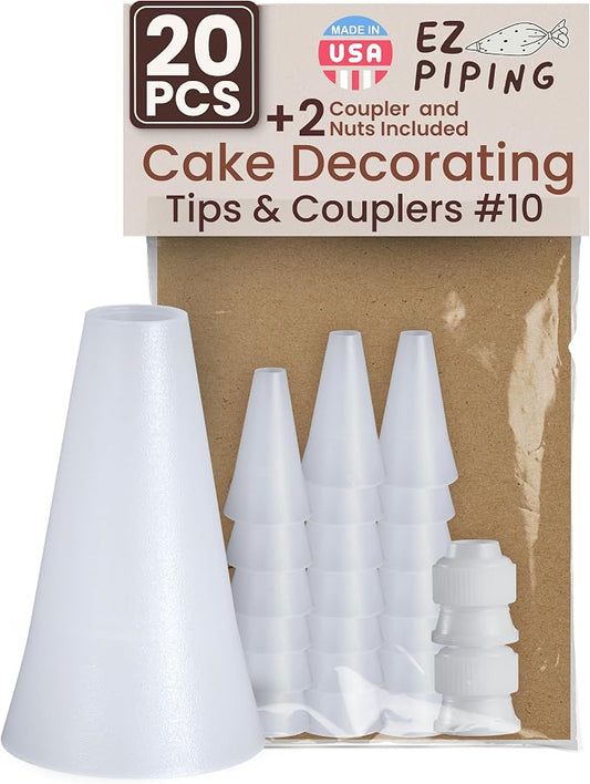 Reusable Plastic Piping Tips - Standard Size Round Tip #10 20 Pack with 2 Couplers Icing Nozzles for Cake Decoration Dessert Design Baking Supplies and Piping Bags Base Ø 0.75", Height 1.25"