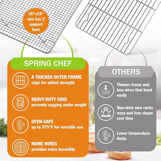 Spring Chef 10" x 15" Stainless Steel Cooling Racks for Baking - Oven Safe - Cookie Racks for Cooling Cookies - Fits Jelly Roll Pan - Perfect for Grilling, Roasting, Cooking, Drying - Set of 2