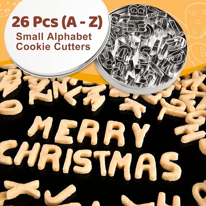 ofone Small Alphabet Cookie Cutters(A - Z), 26 Pcs Stainless Steel Fondant Letter Cutters Set, Mini Metal Biscuit Cutter Shapes for Baking Cakes Pastry Polymer Clay Fruits