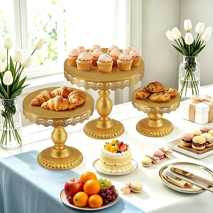 3 PCS Gold Cake Stands (8"&10"&12" Plate), Cupcake Stand With a lace hollow border Metal Cake Stand Set for Birthday Party, Wedding, Anniversary, Baby Shower