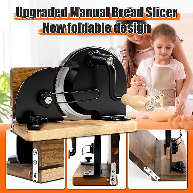 Upgraded Foldable Manual Bread Slicer,Manual Bread Slicer with Hand Crank,Adjustable Thickness,Equipped with Stainless Steel Blades,Non-Slip Base,Graduation Lines