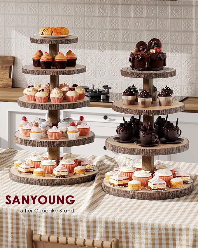 SANYOUNG Wood Cupcake Stand, 5 Tier Wooden Cupcake Tower, Large Rustic Cake Display Holder Stand for Woodland Baby Shower, Wedding, Birthday, Tea Party, Farmhouse Dessert Table Decorations