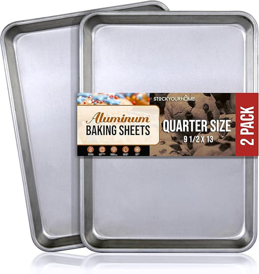 Aluminum 9x13 Baking Sheet Pan (2 Pack), Commercial Quarter Size Rimmed Baking Pans for Oven, Freezer, & Bun Racks, Heavy Duty Baking Sheet Cake Pan, Large Cookie Sheets for Baking & Cooking