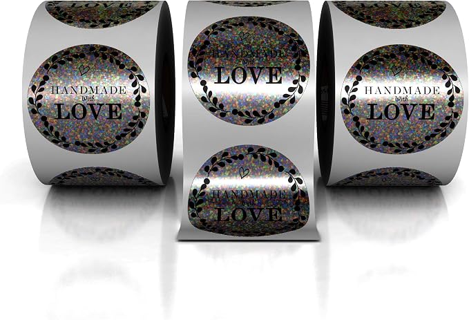 Kenco 1.5" Inch Handmade with Love Stickers, Made in The USA! for Envelopes, Boxes, Packaging and More - 500 Labels Per Roll (2 Pack 1,000 Stickers, Holo)