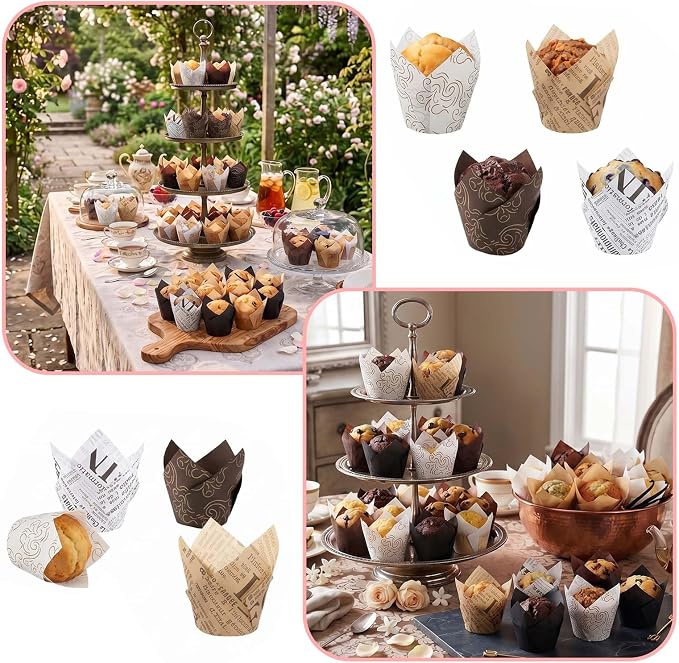 200 Pcs Newspaper Tulip Cupcake Liners for Baking, Newspaper and Stripe | Standard Greaseproof Tulip Muffin Liners for Baking, 3oz Paper Cupcake Wrappers for Party Wedding Birthday