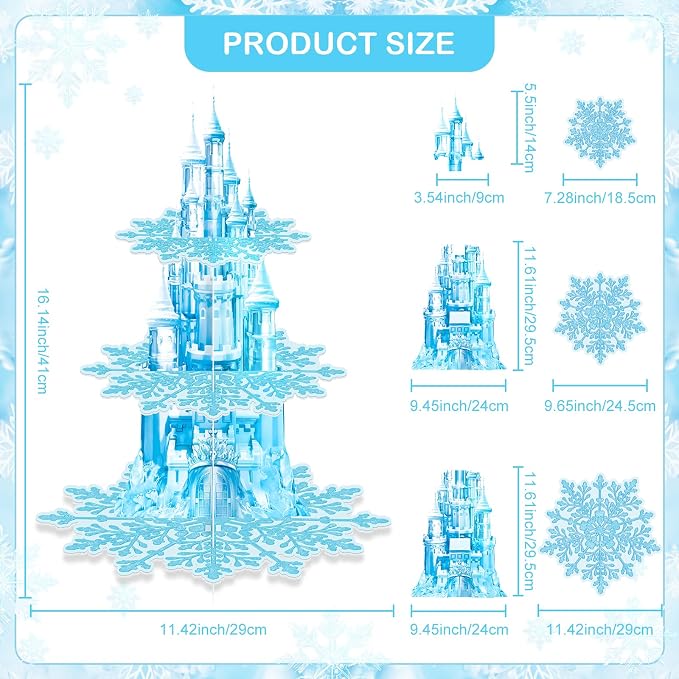 2 Pack Cupcake Stands Frozen Birthday Party Decorations: 3-Tier Snowflake Winter Wonderland Theme Cupcake Holders for Girls Kids Princess Party Favors, Blue Castle Toppers Cup Cake Tower Stand