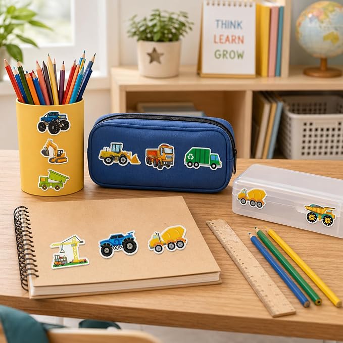 50 Pcs Construction Vehicle Stickers for Scrapbooking, Waterproof Vinyl Truck Stickers for Laptops Water Bottles Journals, Cute Engineering Car Decals for Kids Boys Teens