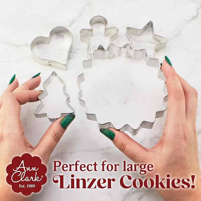Ann Clark 5-Pc. Linzer Cookie Cutter Set Large, Made in USA, Large Fluted Circle, Mini Heart, Christmas Tree, Star and Gingerbread Man