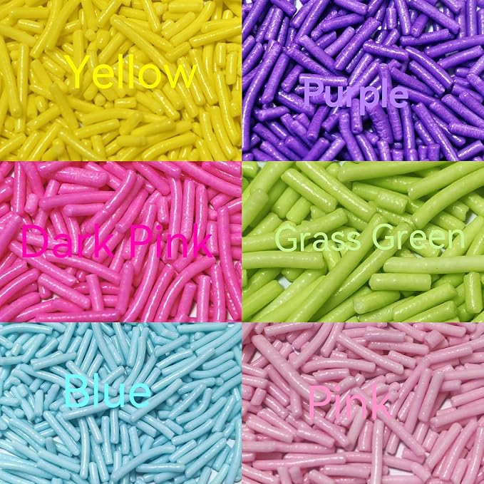 Senchanting 6 Cell Edible Mix Jimmies Sprinkle for Cake Decorating, Edible Pastel Jimmies Mix for Decorating Baking Cupcakes Cake Cookies Ice Creams Donuts Topper Candy (Pink Blue Purple Grass Green Dark Pink Yellow )