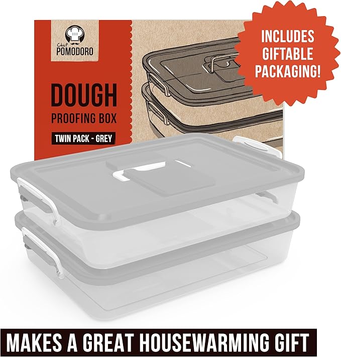 Chef Pomodoro Pizza Dough Proofing Box, 14 x 11-Inch, Preparation Container with Lid, Fits 4-6 Proofing Balls, Household Pizza and Bread Dough Tray With Convenient Carry Handle (Grey, 2-Pack)
