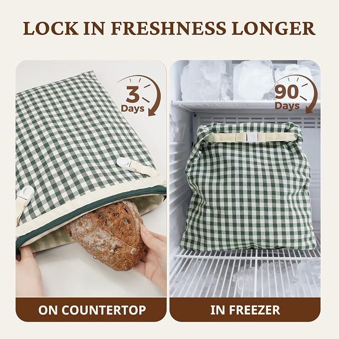 BRONYPRO Reusable Beeswax and Linen Bread Bags with Zipper, 2-Pack Waxed Bread Bags for Homemade Bread & Sourdough, Sustainable Loaf Storage to Lock in Freshness, Large 17x12.6in, Green Gingham