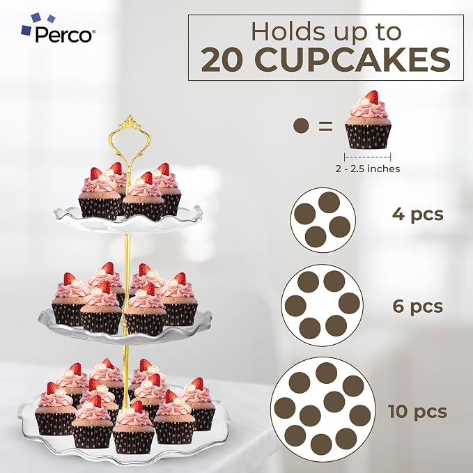 Perco 3 Tier Ceramic Cupcake Stand for 20 Cupcakes – Tiered Dessert Stand & Serving Tray, Elegant Gold Accent Dessert Table Display Set for Weddings, Birthdays & Events