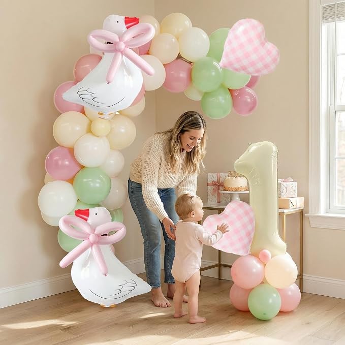 One Silly Goose 1st Birthday Balloon Arch Kit - Light Green, Soft Pink, Cream Macaron Balloon Garland with Goose Foil Balloons and 32" Cream Number 1 for Girls Boys First Birthday Party Decorations