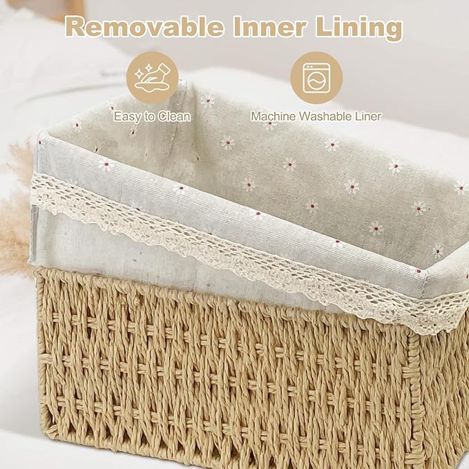 Large Wicker Storage Basket with Liner, Hand-Woven Paper Rope Rattan Organizer Bin for Pantry, Countertop, Bathroom, Bedroom, Shelves (Beige, L)