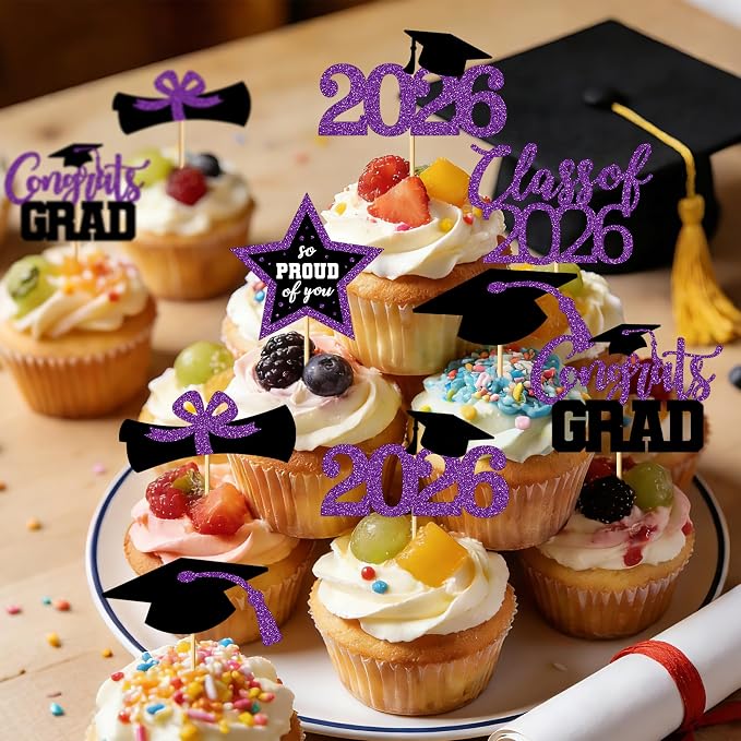 48 PCS Graduation Cupcake Toppers, 6 Styles Congrats Grad Cake Topper 2026, Graduation Decorations, Glittery Black and Purple Cap and Diploma Cake Picks for Grad Party Decor Supplies