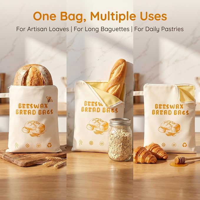 2 Pack Beeswax Bread Bags for Sourdough Homemade Bread,XL Reusable Organic Cotton Linen Bread Bag with Zipper Access, Homesteading Essentials Food Storage to Keep Fresh