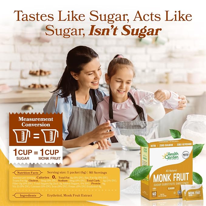 Health Garden Monk Fruit Sweetener, Classic Sugar Substitute – 80 Count Packets (40 Count, 2 Pack) – 1:1 Monk Fruit Sugar Substitute with Erythritol, Zero Calorie Monkfruit Sweetener for Baking and Coffee, Keto Friendly, Non-GMO