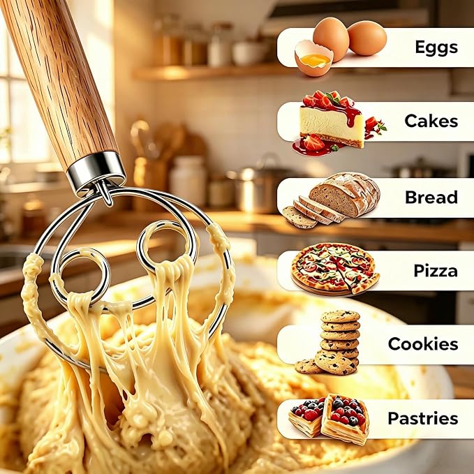 Maxjoy Danish Dough Whisk, Stainless Steel Wooden Handle, Dutch Hand Mixing Tool for Sourdough Pizza Bread Baking