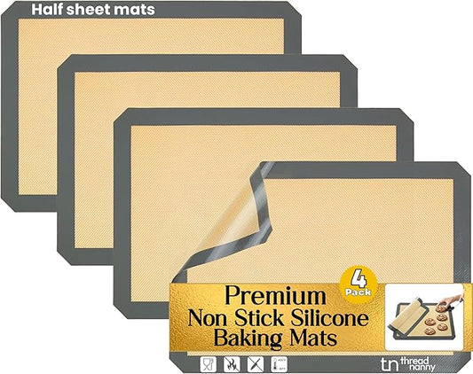 Silicone Baking Mats Half Sheet Non Stick for Oven Reusable 4 Pack - Thick Heavy Duty Silicone Baking Mat Cookie Sheet 1/2 Size for Macaron & Pastry - Half Size Rectangular Cooking Oven Liner Pad