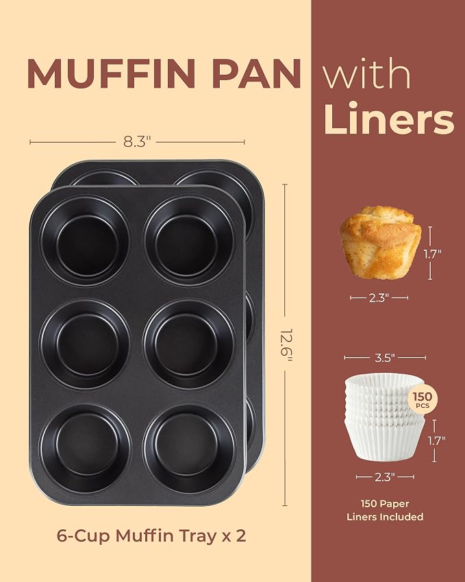 CARTMAN 2-Pack Jumbo Muffin Pan with 150 Cupcake Liners, Nonstick 6-Cup Large Muffin Tin for Baking, Food-Grade Carbon Steel Cupcake Pan for XL Treats & Egg Bites, Perfect for Family Breakfasts