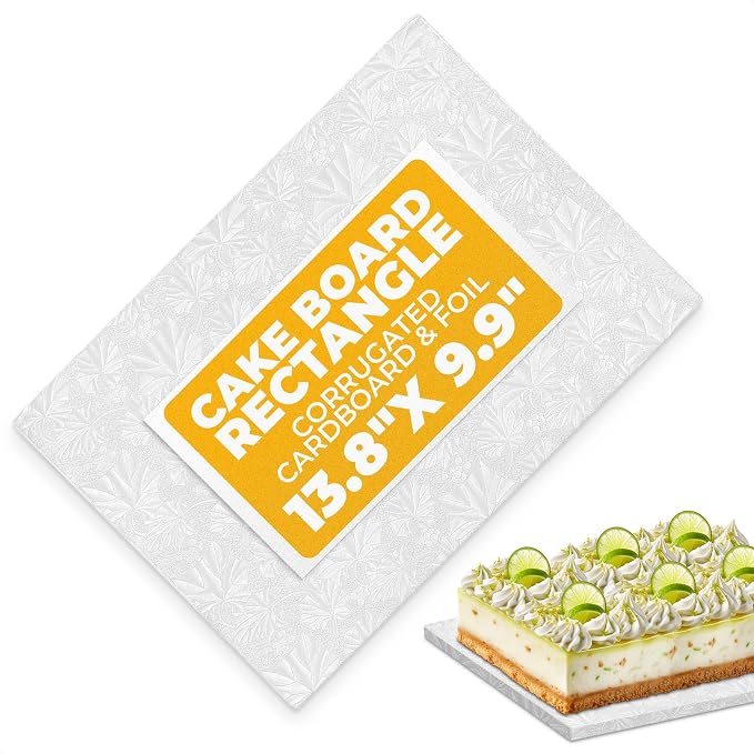 Cake Board Rectangle 13.8" x 9.9"x1/2" – Quarter Sheet Cake Drum with Double-Wall Corrugated Design, Grease-Resistant Foil, Smooth Edges – White Display for 4th of July Cakes, Pastries & Desserts