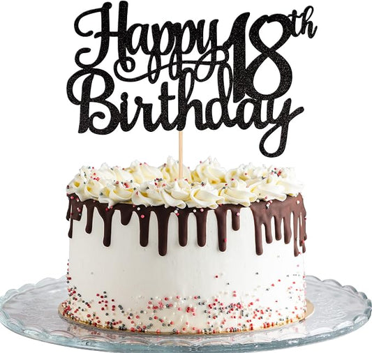 1 PCS Happy 18th Birthday Cake Topper Glitter Cheers to 18 Years Birthday Cake Pick 18 Fabulous Cake Decoration for Happy 18th Birthday Theme Party Decorations Supplies Black