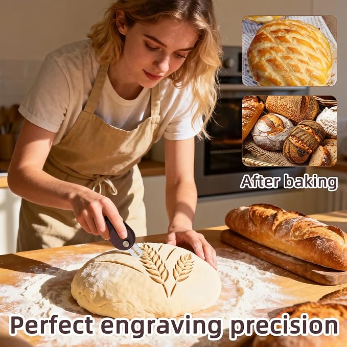 Penitue Bread Lame Slashing Cutter, 6.4x4.6cm/2.52x1.81in Round Sourdough Scoring Tool with 10 Knife Razor Blades and Instruction Manual, Dough Bread Scorer Baking Making Supplies Accessories(Brown)