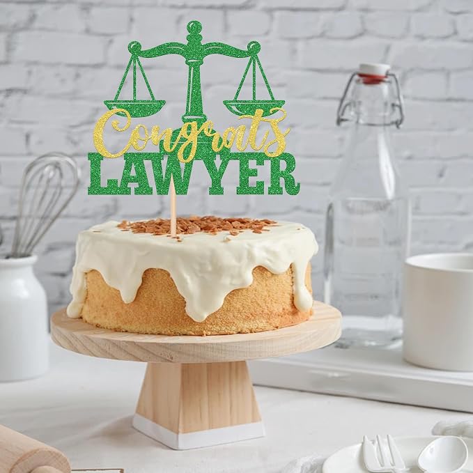 1 Pack Congrats Lawyer Cake Topper Glitter Class of 2026 Law School Survivor Cake Pick 2026 Graduation Cake Decorations for 2026 Lawyer Graduation Party Supplies Green Gold