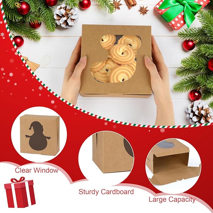 12 PCS Christmas Cookie Boxes, 6×6×3 Inches Treat Boxes Tin, Small Pastry Boxes with Window, for Gift Giving Packaging Dessert Bakery Cupcake Baked Goods (Brown)